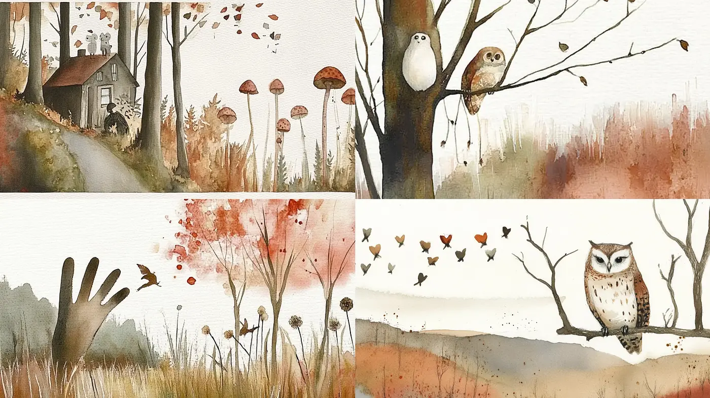 Autumnal Watercolor Whimsy: A Brush with Nature's Serenity - Midjourney sref style