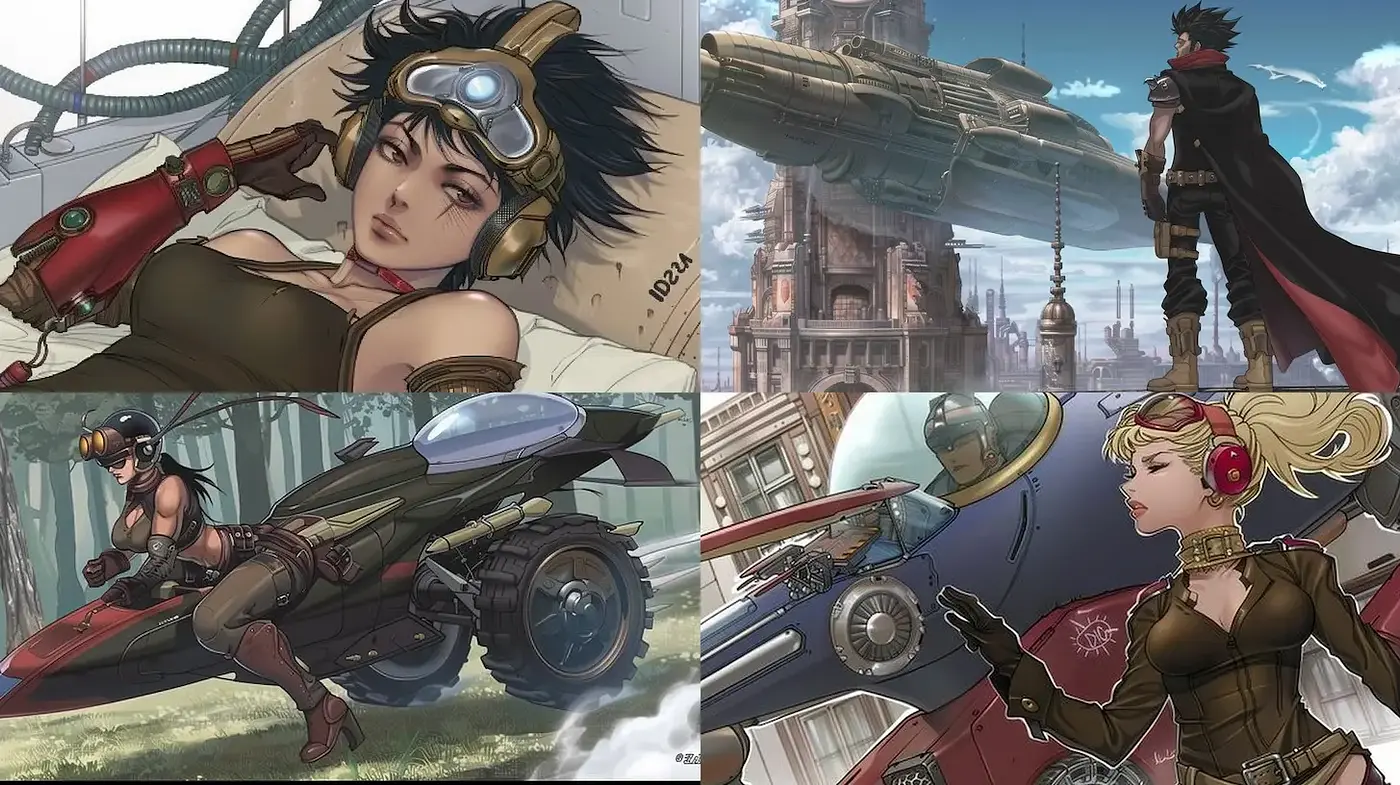 Dynamic steampunk aesthetic with distinct character portrayal and intricate backgrounds - Midjourney sref style