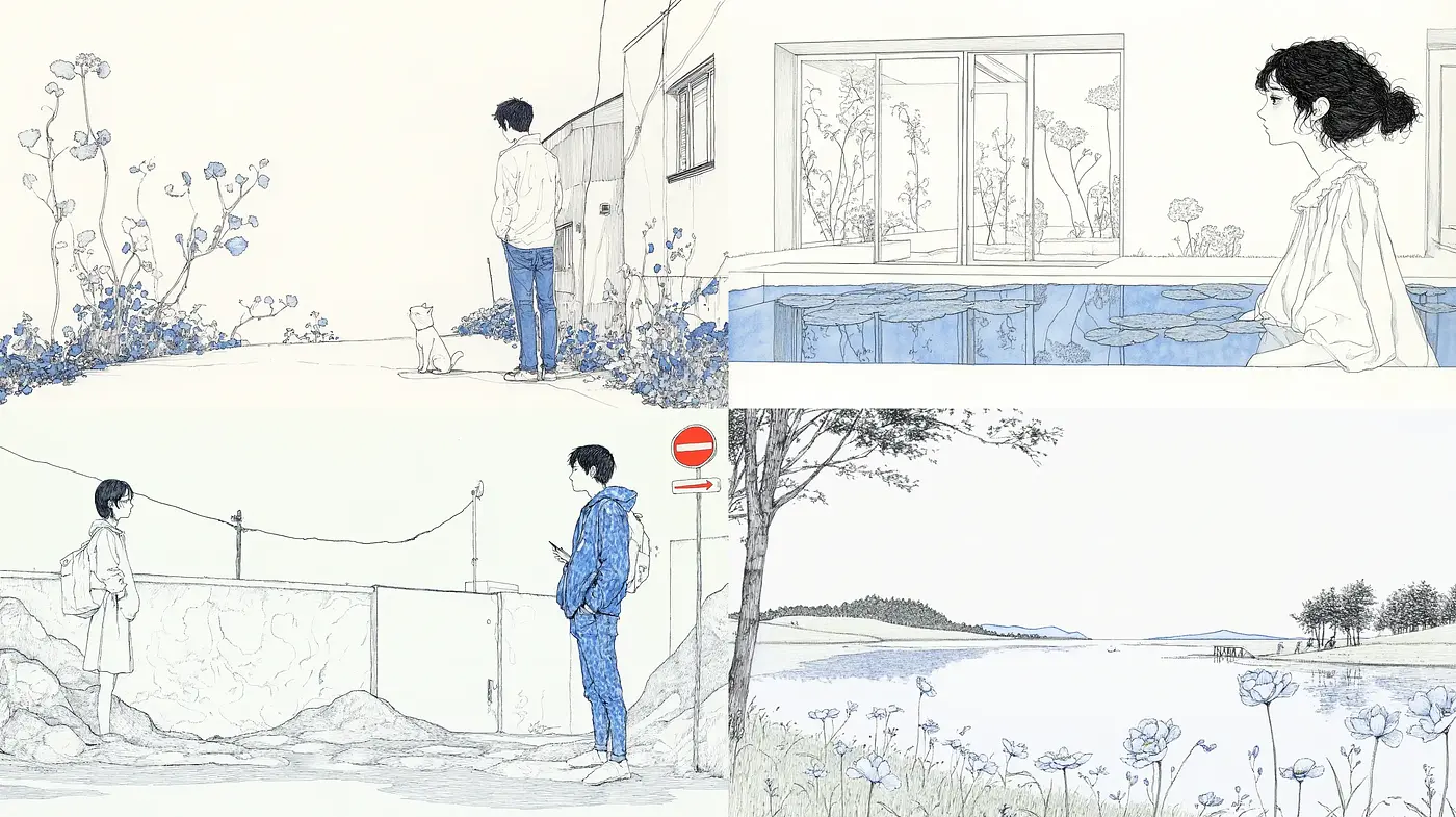 Ethereal Line Art Narrative with Watercolor Washes - Midjourney sref style