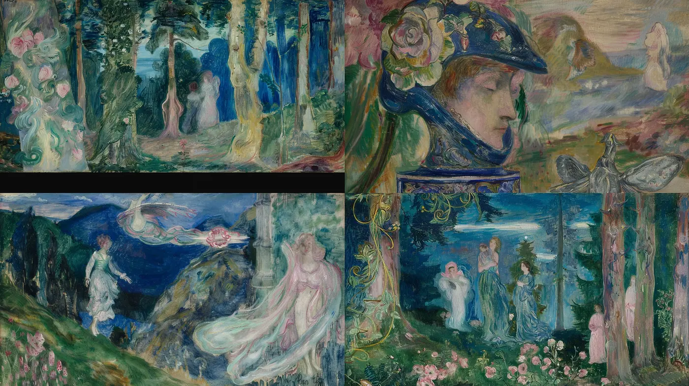 Ethereal Arcadian Dreamscapes: A Fusion of Impressionist Reverie and Faerie Tale Hues - Midjourney sref style