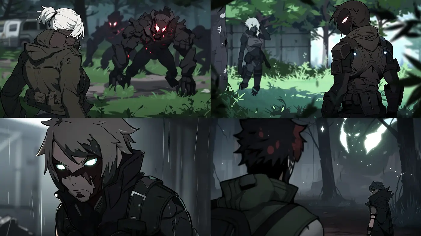 Dystopian Cyber-Wilderness: Anime-Inspired Character Illustrations - Midjourney sref style