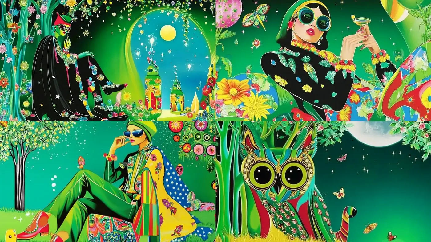 Psychedelic Dreamscape with Vibrant Botanical Motifs - Midjourney sref style