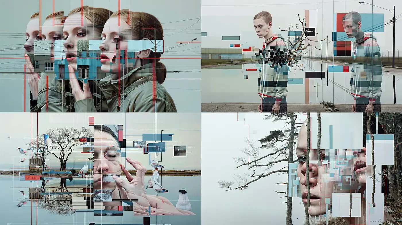 Exploration of fragmented reality through contemporary digital aesthetics - Midjourney sref style
