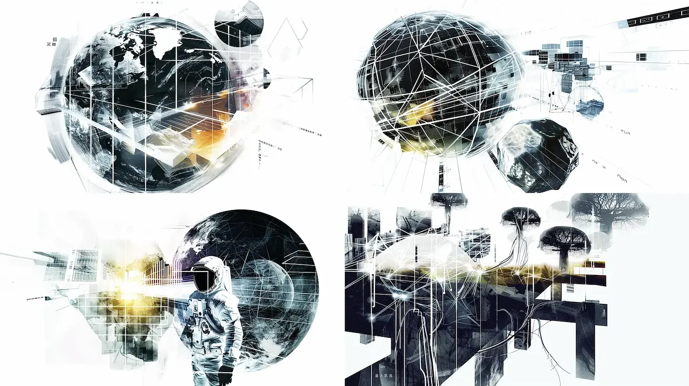 Futuristic abstract landscapes with technological elements and ethereal qualities - Midjourney sref style