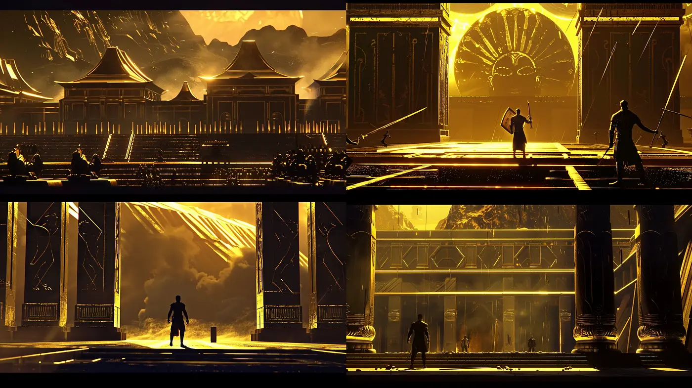 Ethereal Silhouettes Amidst Golden Monolithic Vistas - Midjourney sref style