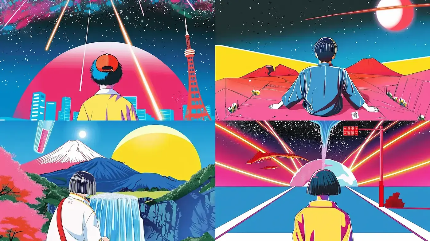 Vibrant Futuristic Scenes with Japanese Cultural Elements and Dynamic Landscapes - Midjourney sref style
