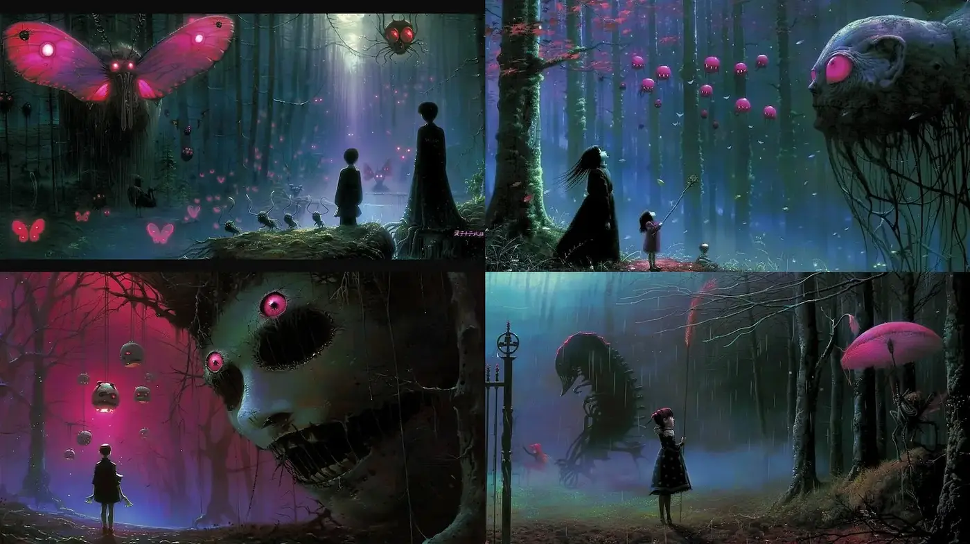 Mysterious and Surreal Cinematic Forest Scenes - Midjourney sref style