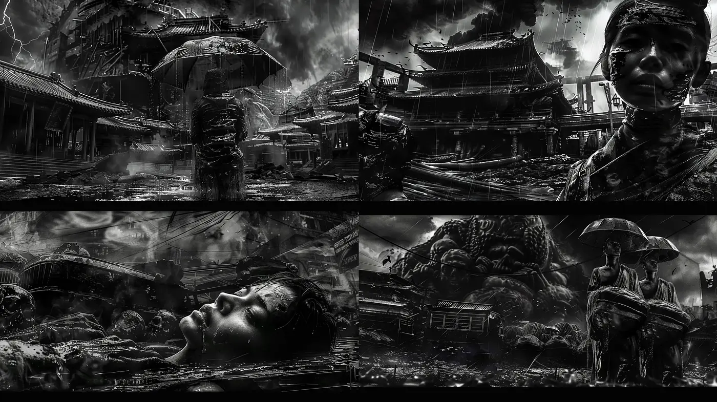 Monochromatic Echoes of Dystopian Realms - Midjourney sref style
