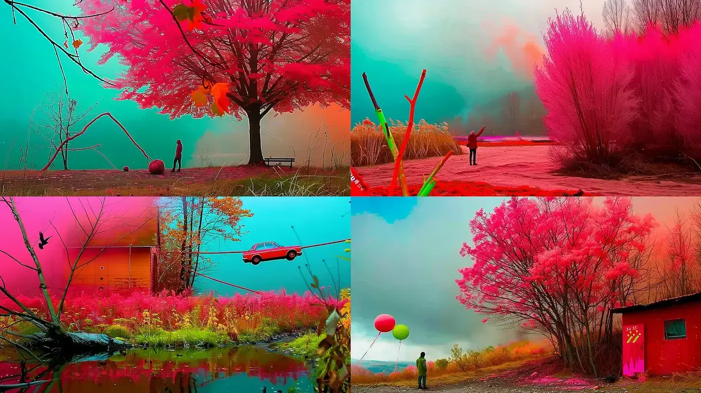 Surreal Fantastical Landscapes with Vivid Color Contrasts and Dreamlike Elements - Midjourney sref style
