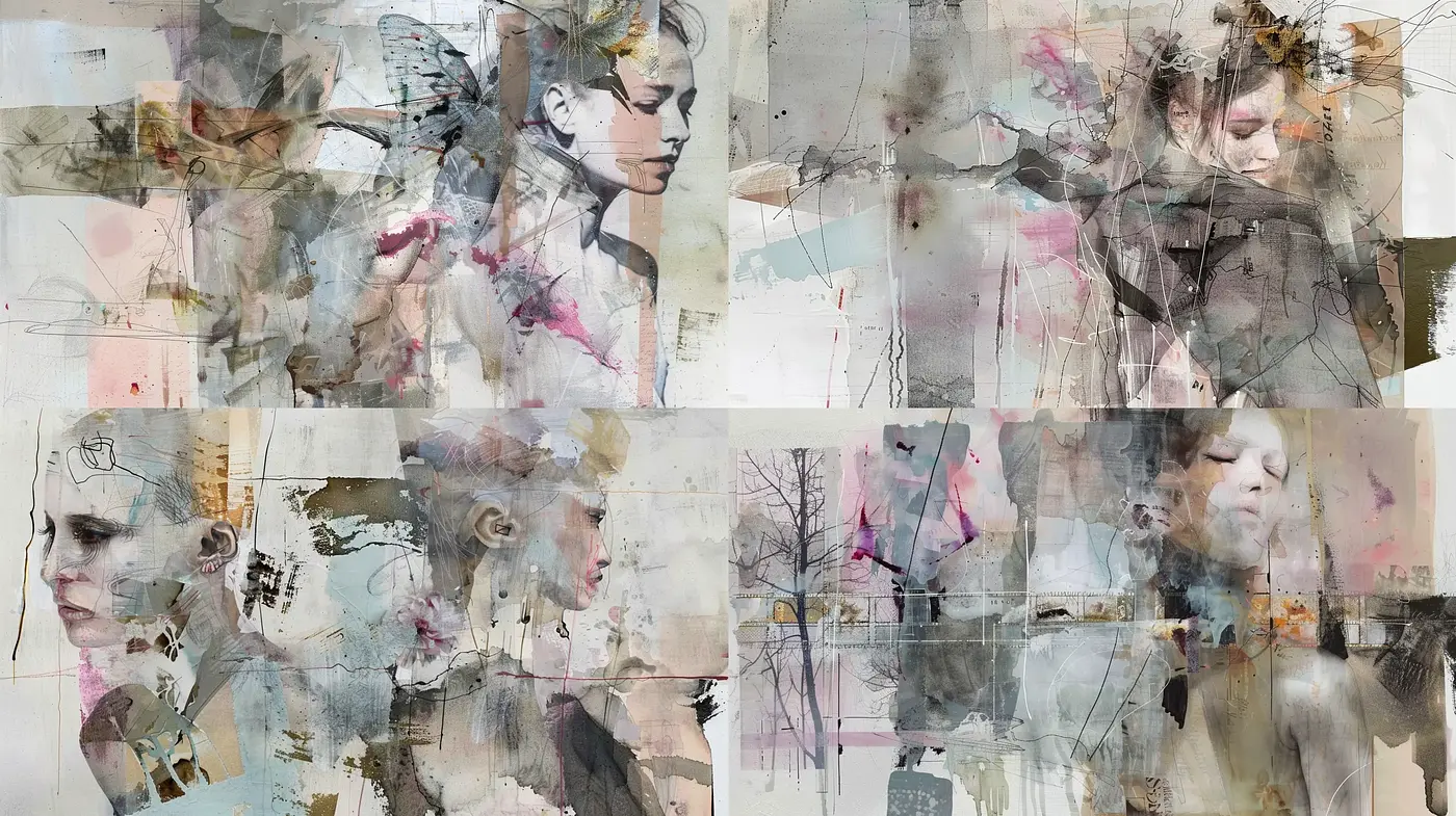 Fragmented Elegance: A Mosaic of Abstract Expression and Watercolor Whispers - Midjourney sref style