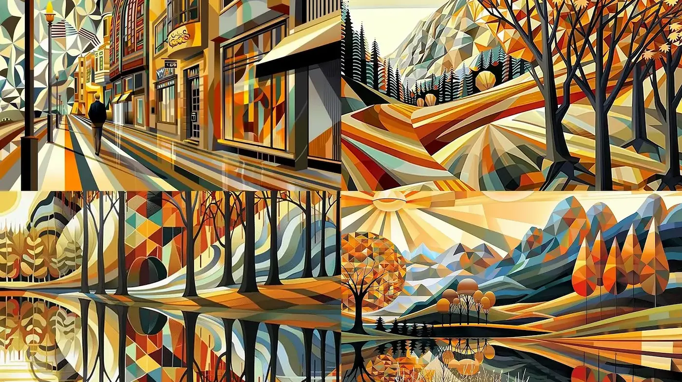 Vibrant geometric landscapes with a dynamic autumn palette - Midjourney sref style