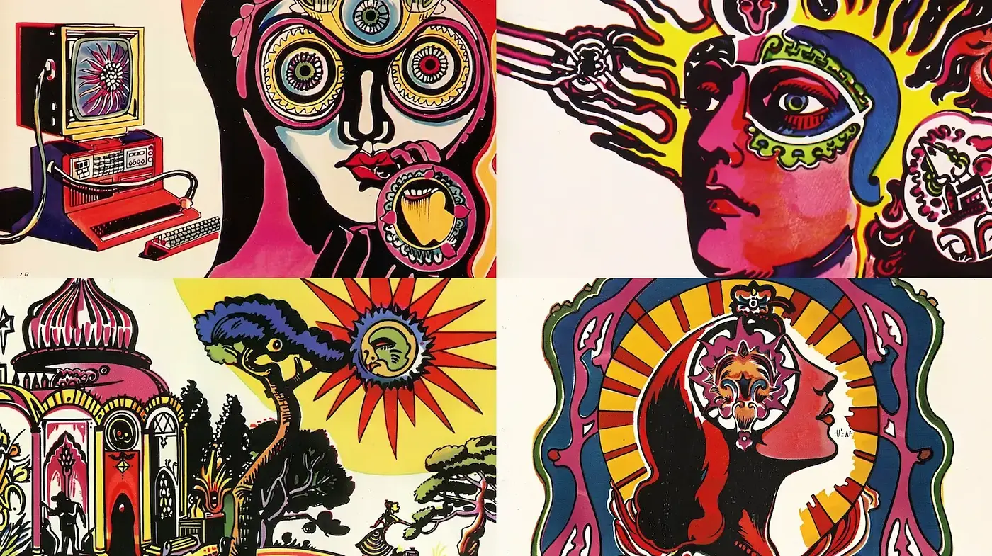 Psychedelic Visuals with Surrealist Elements and Vivid Coloration - Midjourney sref style