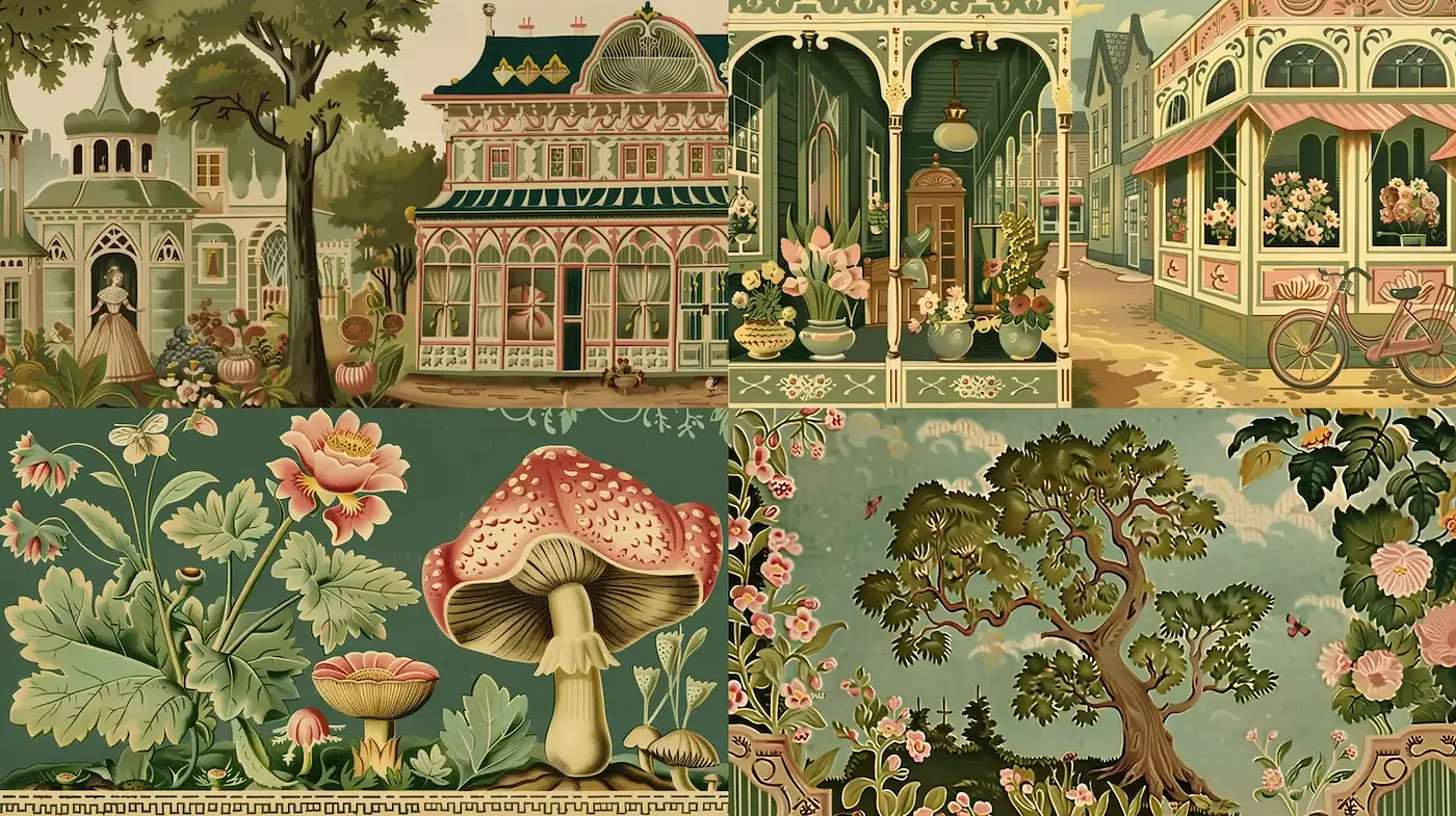 Charming Vintage Botanical Illustrations with Whimsical Architectural Elements - Midjourney sref style
