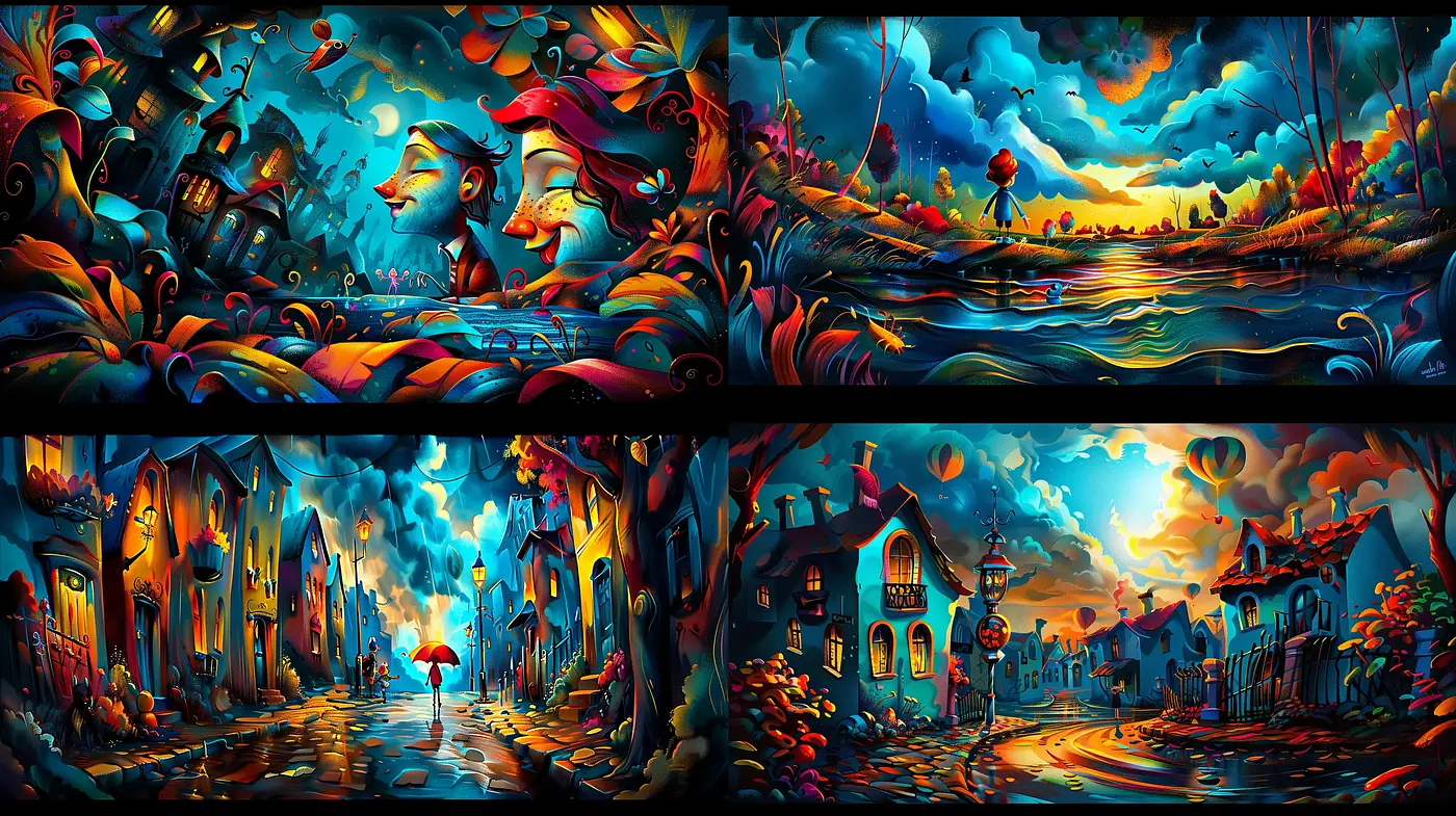Surreal Vibrant Dreamscape with Intense Color Contrasts and Whimsical Details - Midjourney sref style