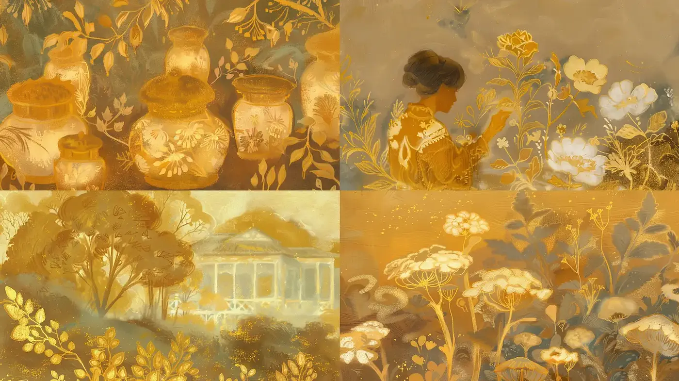 Harmonious botanical themes with a golden hue - Midjourney sref style
