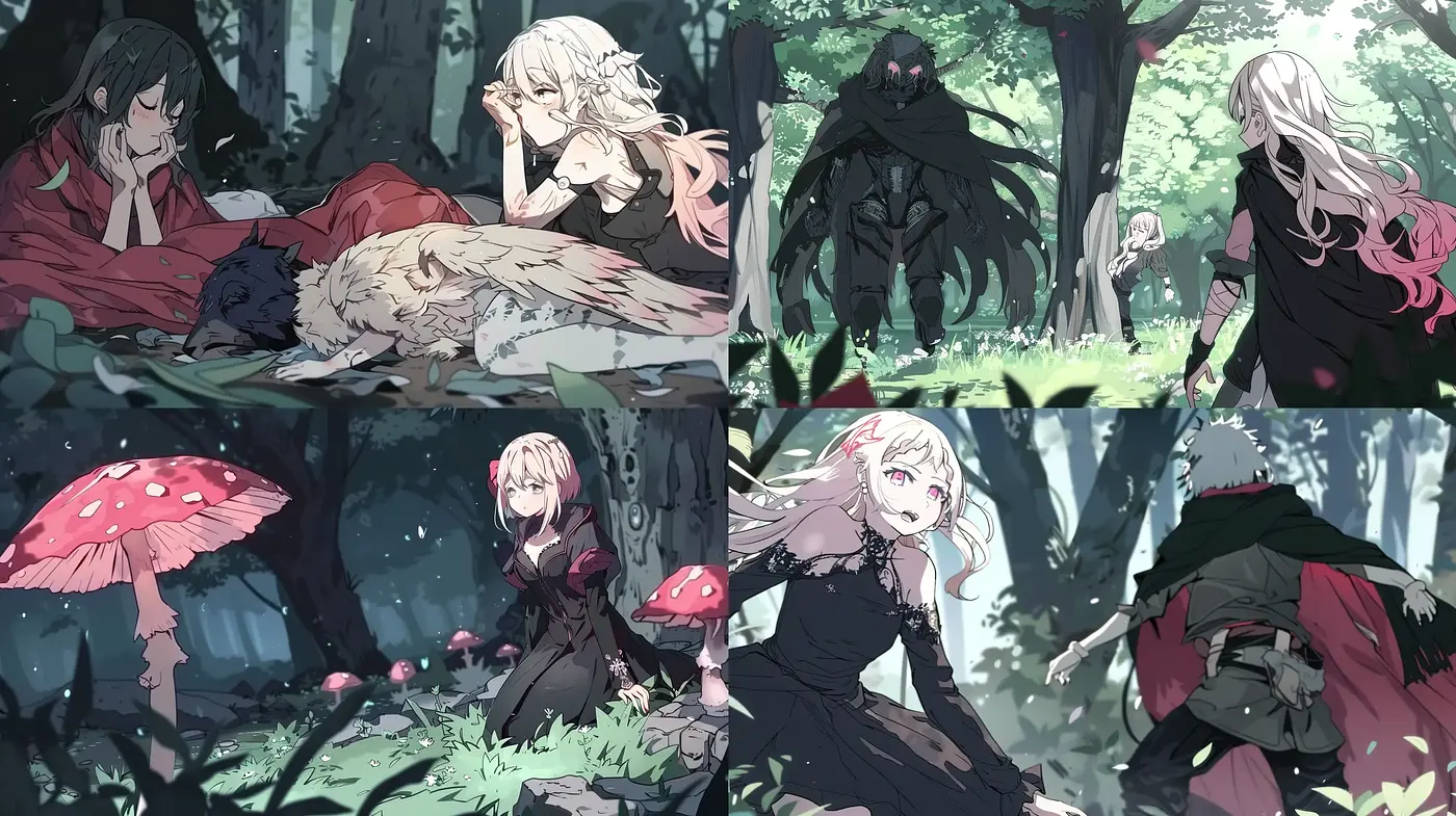Whimsical Forest Interactions in Stylized Anime Illustration - Midjourney sref style