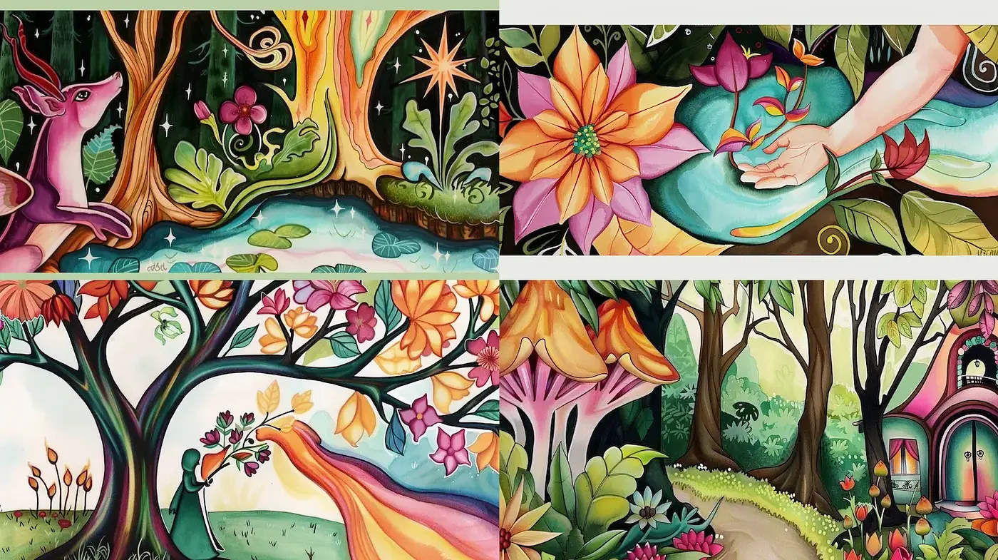 Whimsical and Vibrant Nature Scenes with Enchanted Elements - Midjourney sref style