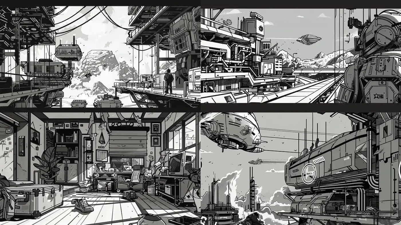 Futuristic and detailed monochrome visuals with a blend of cyberpunk elements - Midjourney sref style