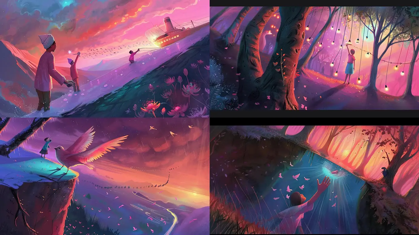 Dreamlike Twilight Fantasia: A Harmony of Ethereal Hues and Whimsical Imagination - Midjourney sref style