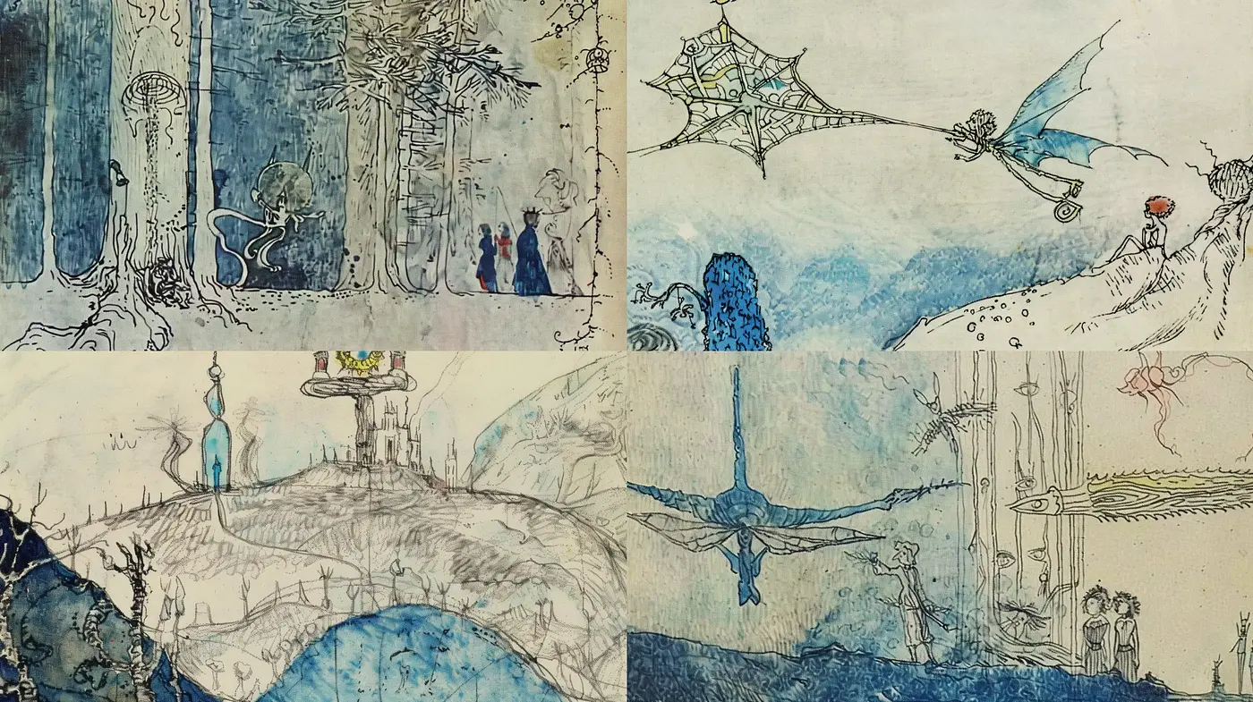 Whimsical Dreamscapes with a Pen-and-Ink Watercolor Essence - Midjourney sref style