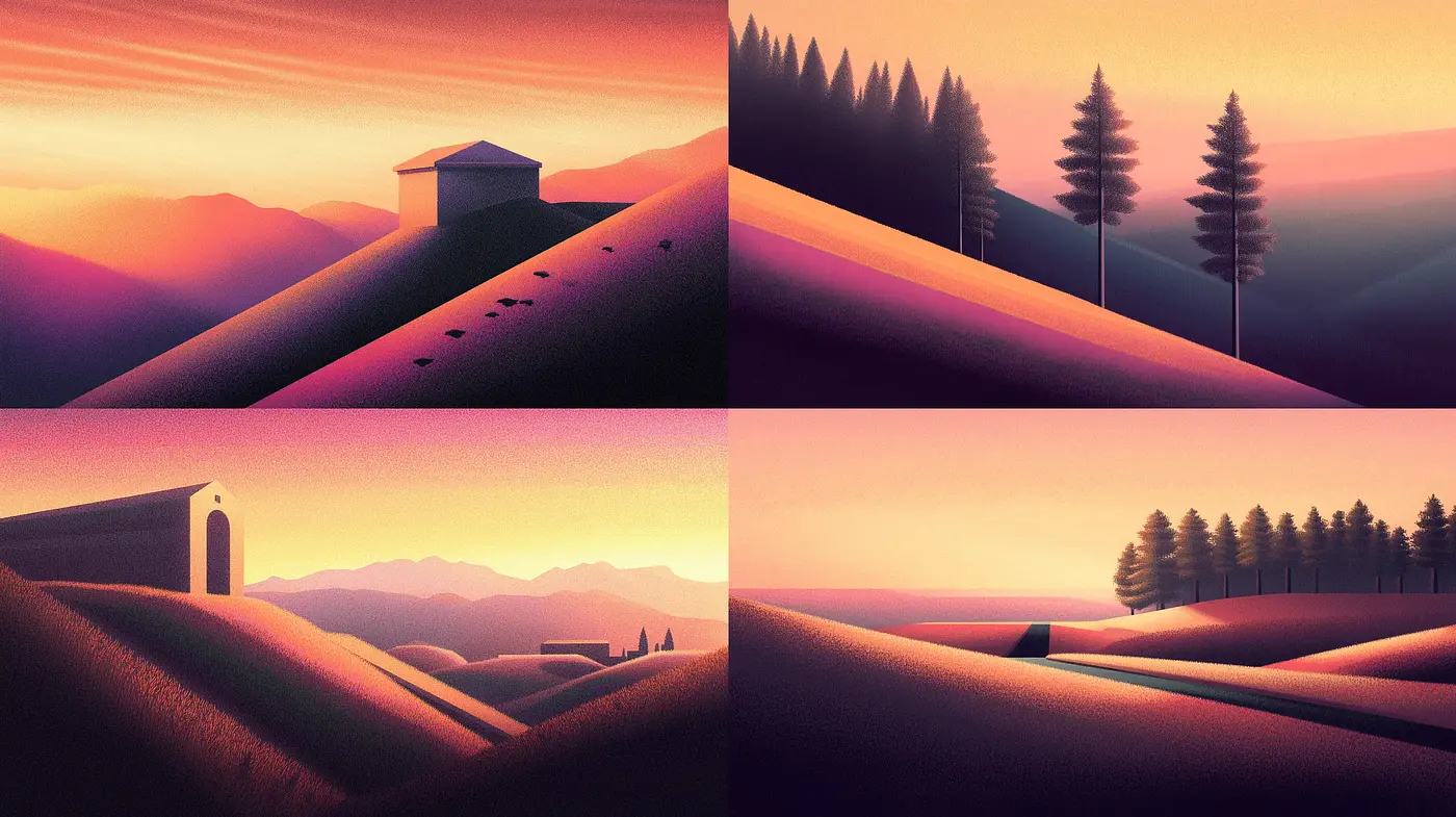 Serenely luminescent landscape vistas with stylized hues - Midjourney sref style