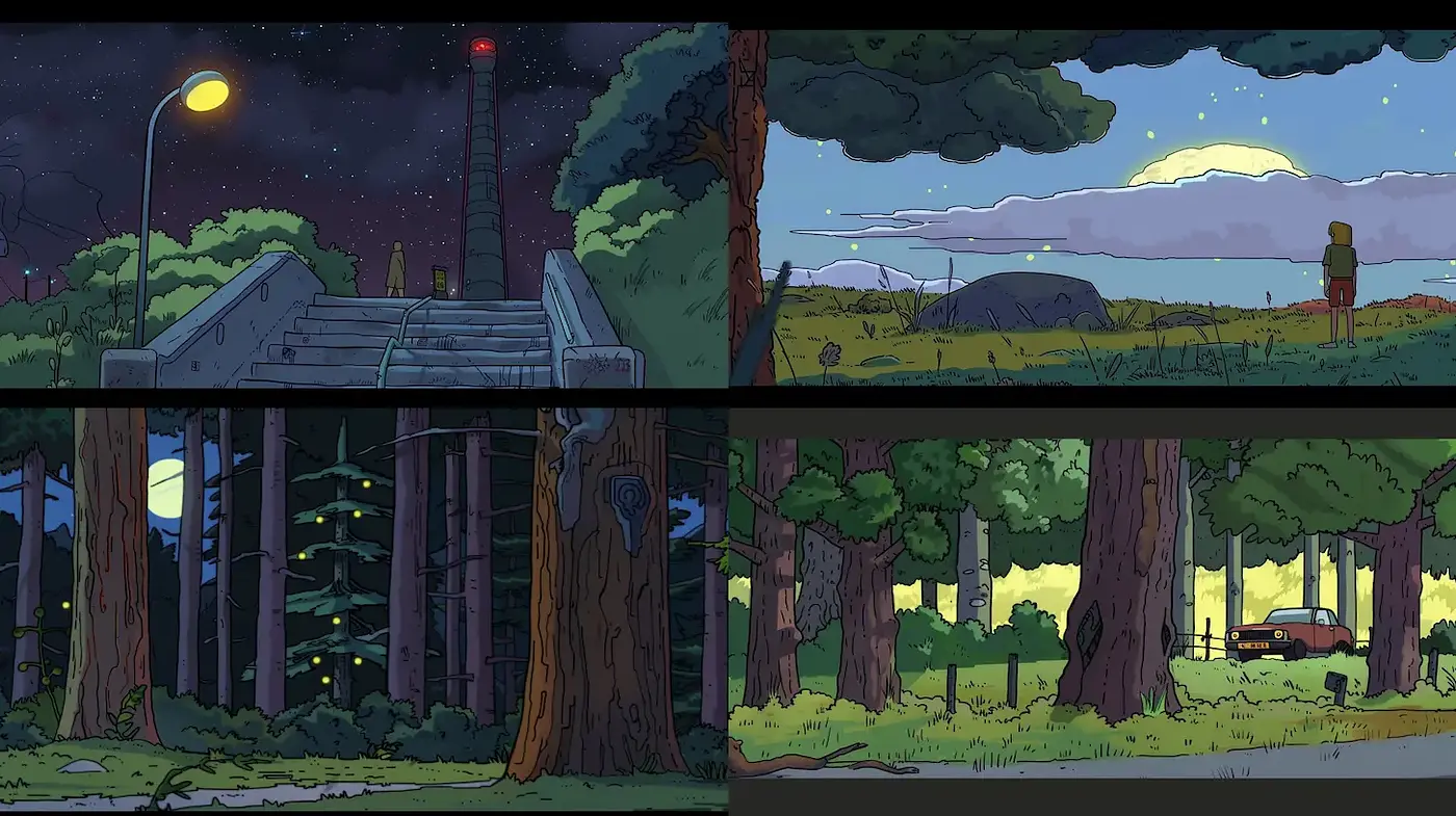 Consistent Elements in a Modern Illustrated Landscape - Midjourney sref style