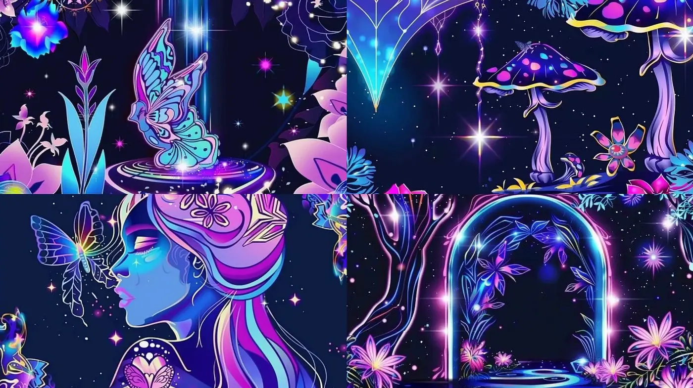 Ethereal Neon Dreamscapes: A Luminescent Fusion of Fantasy and Cosmic Wonder - Midjourney sref style