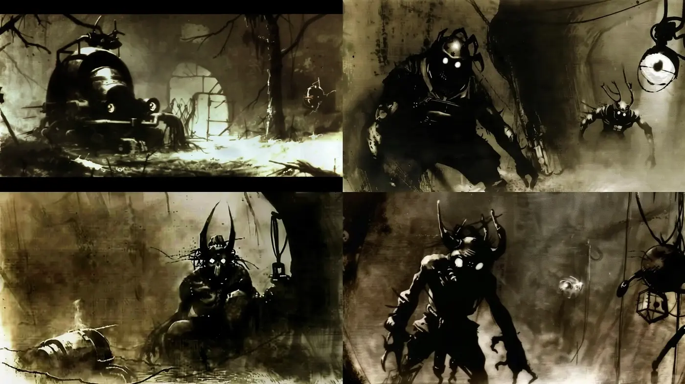 Gothic Shadows and Mechanical Intrigue - Midjourney sref style