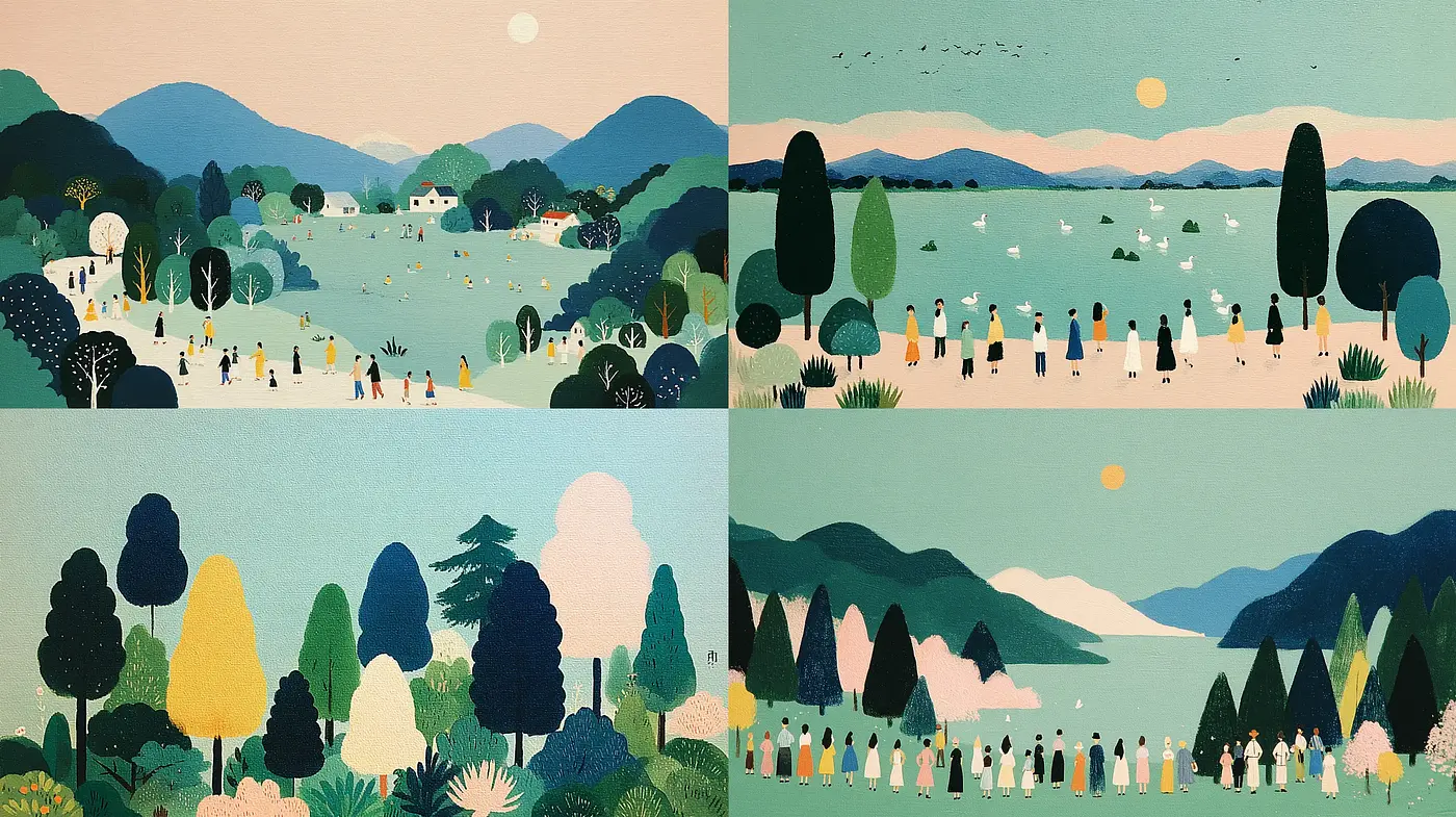 Whimsical and Harmonious Landscape Illustrations with a Retro Touch - Midjourney sref style