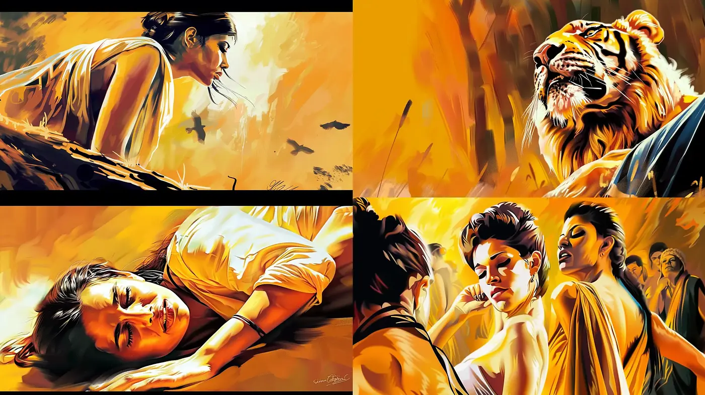 Energetic Brushwork and Warm Tonal Harmony in Expressive Narrative Art - Midjourney sref style