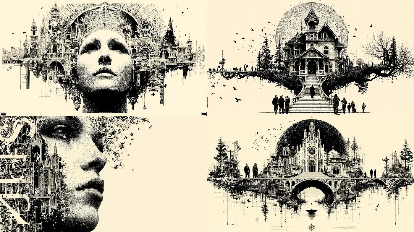 Intricate Surrealism Blending Nature and Architecture - Midjourney sref style