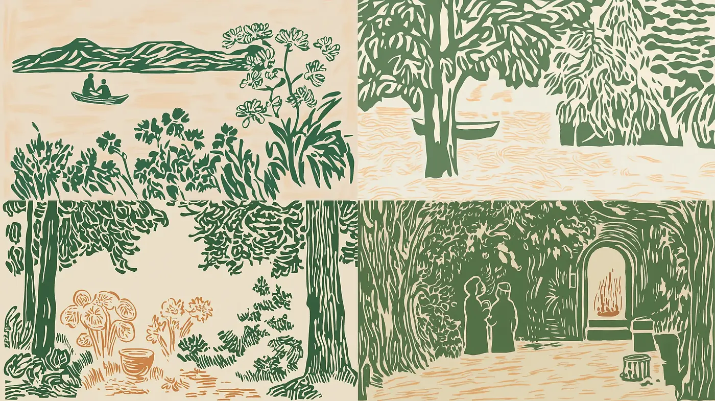Nature's Serene Harmony: A Consistent Two-Tone Woodcut Expression - Midjourney sref style