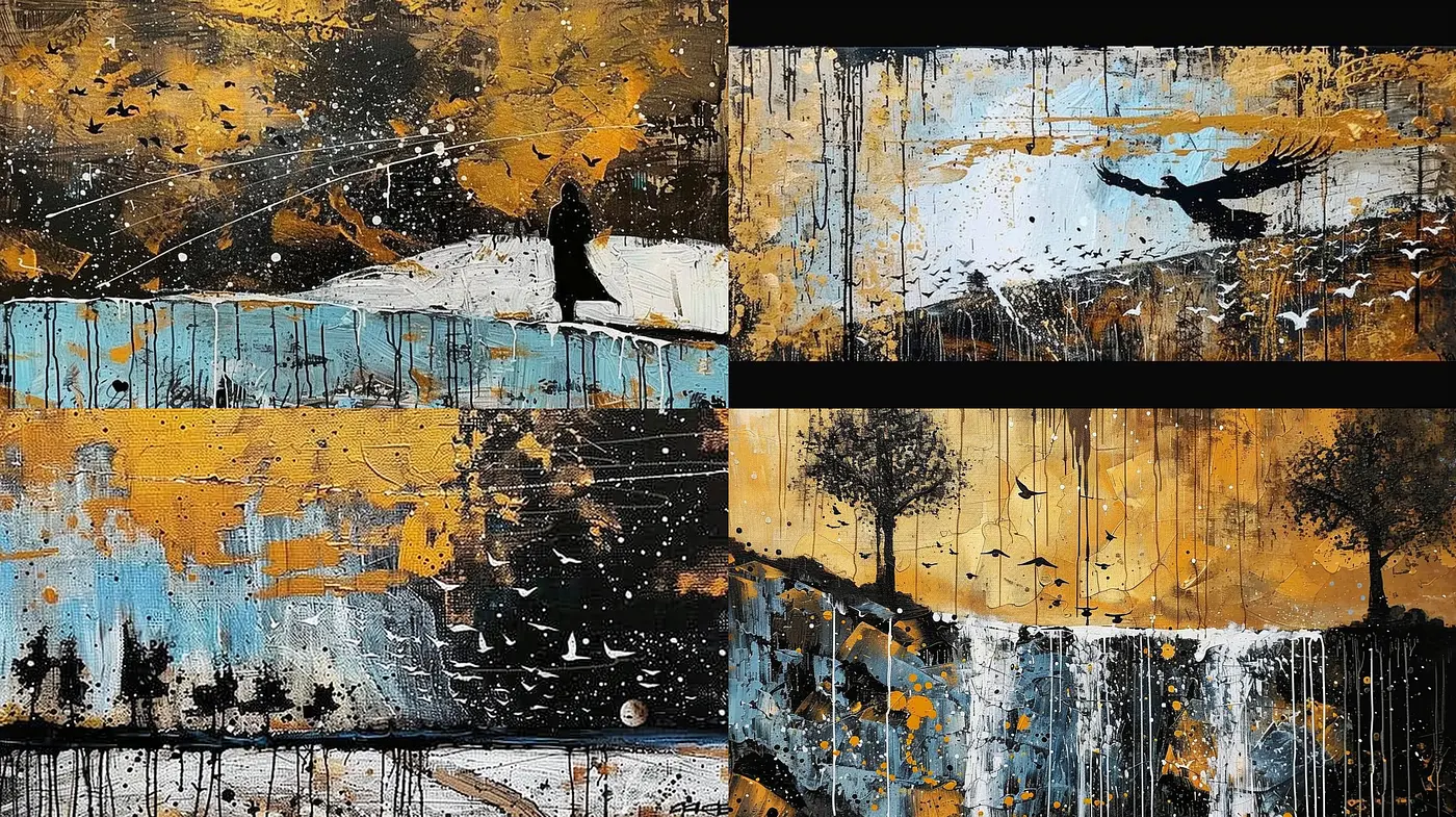 Abstract Textural Harmony: Expressive Drips and Dynamic Splashes in a Moody Golden-Blue Universe - Midjourney sref style