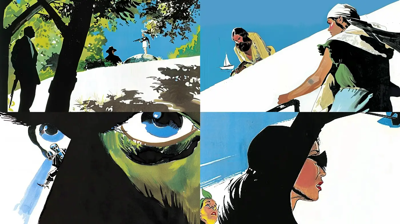 Vivid Graphic Boldness: Embracing the Sunlit Contrast in Stylized Illustrations - Midjourney sref style