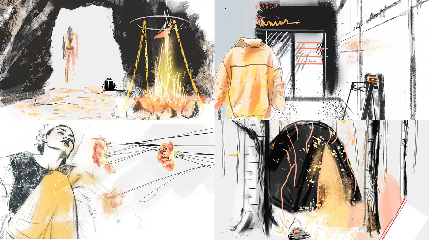 Contemporary Sketchbook Exploration with Vivid Strokes and Monochrome Essence - Midjourney sref style