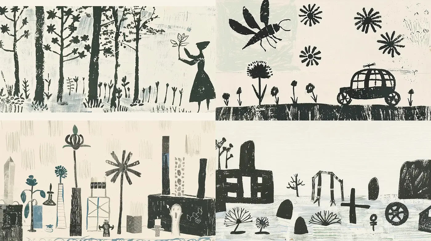 Stylized Monochromatic Tableaus with Texture-rich Folk Art Essence - Midjourney sref style