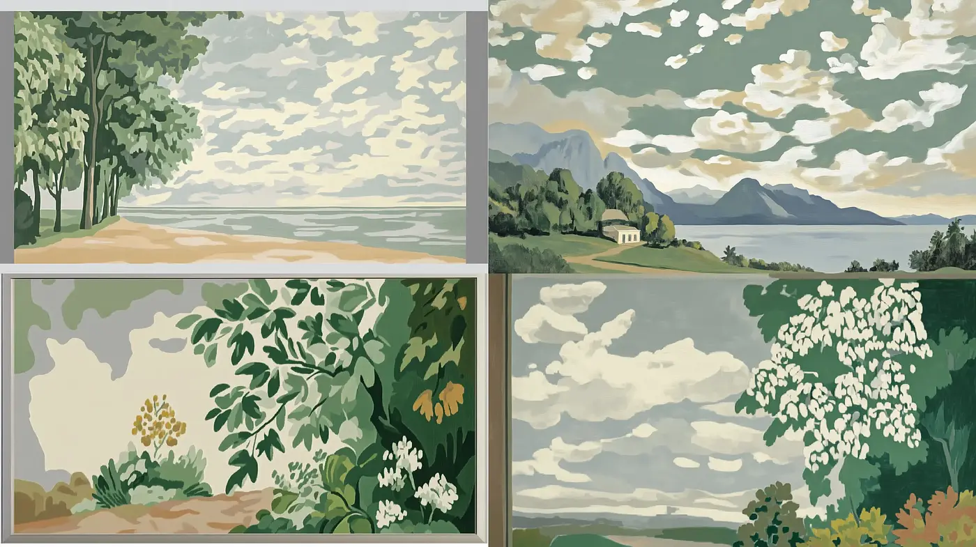 Serene Pastoral Vistas in Stylized Earth Tones - Midjourney sref style