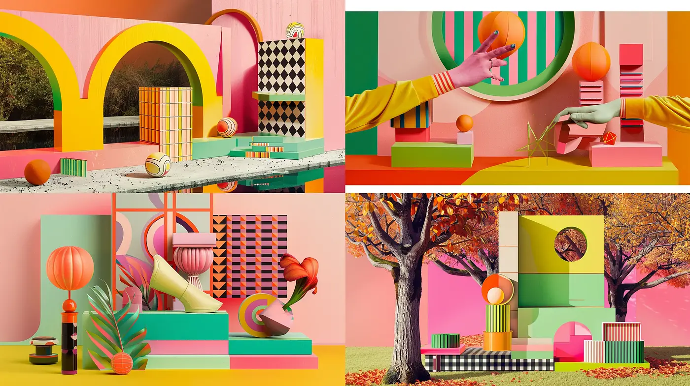 Surreal Geometric Dreamscape with a Retrofuturistic Palette - Midjourney sref style
