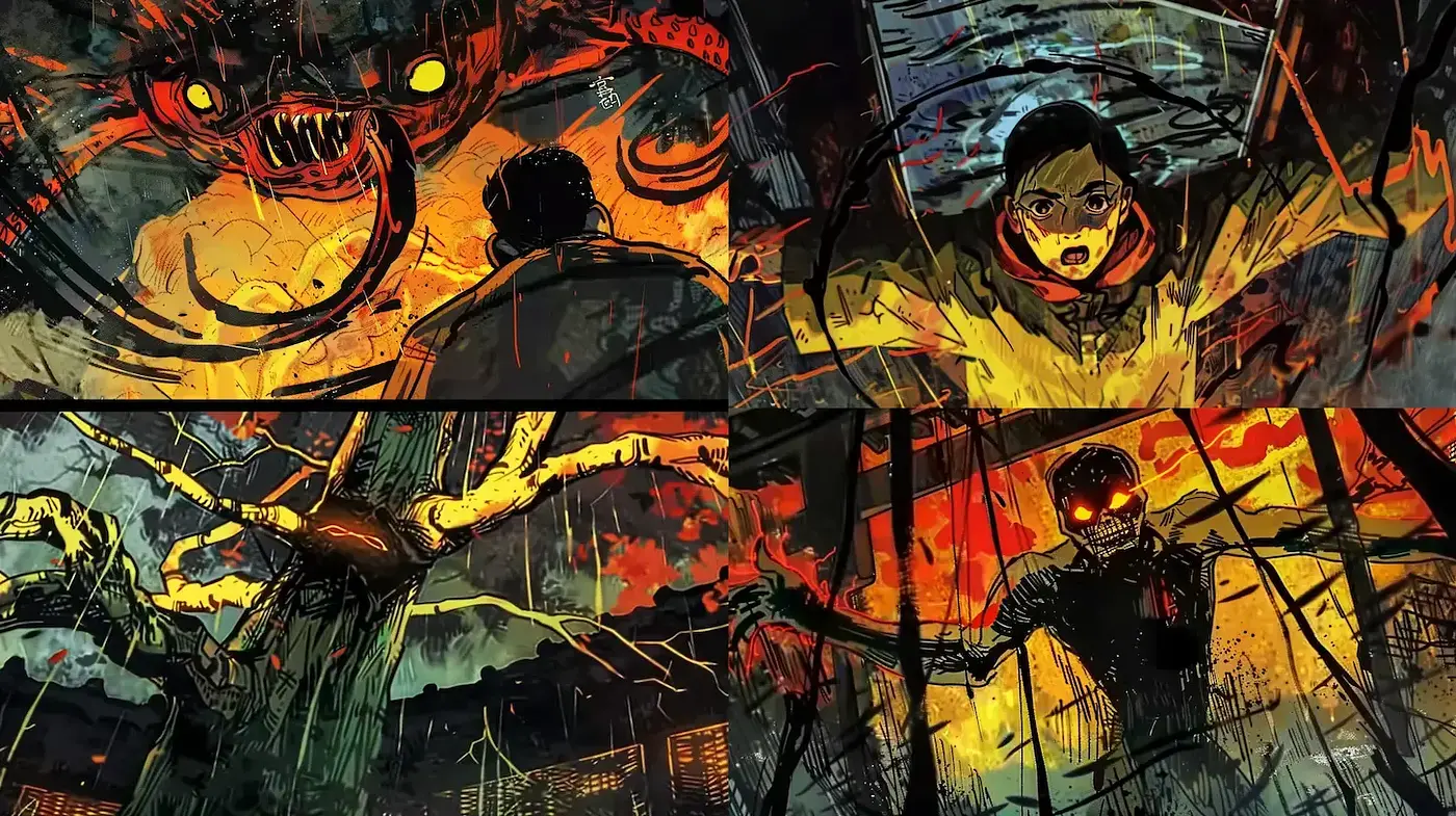 Dynamic and Intense Visual Narrative with a Dark, Futuristic Edge - Midjourney sref style