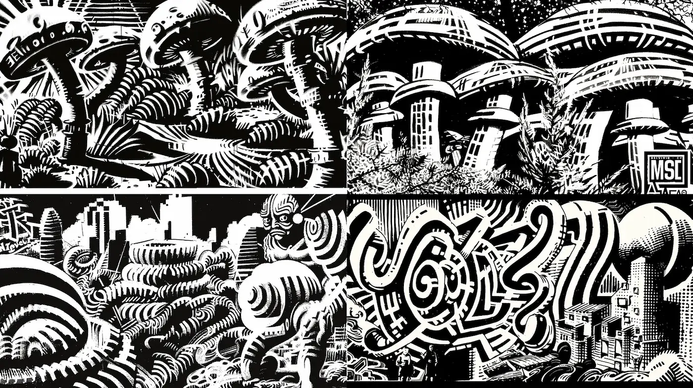 Futuristic and Abstract Urban Landscape with a Distinctive Black and White Aesthetic - Midjourney sref style