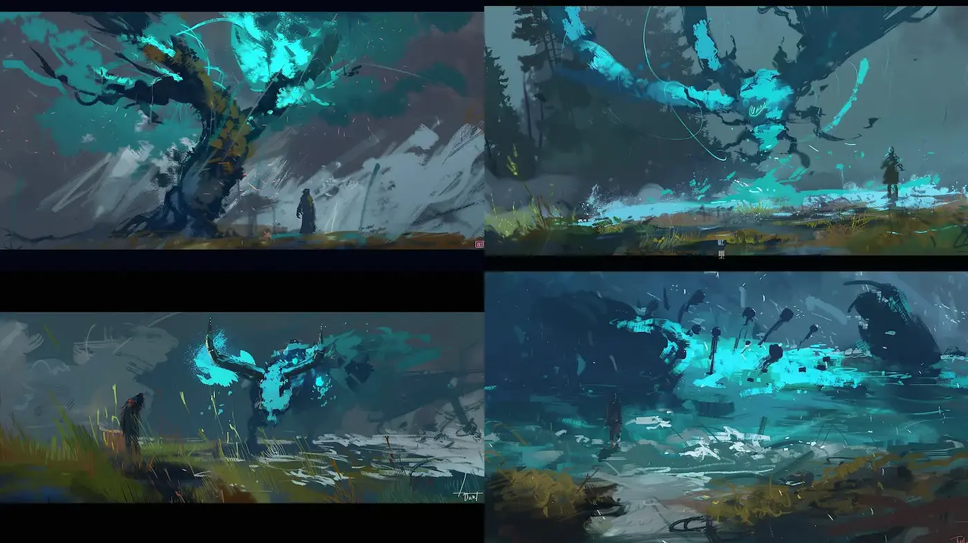 Dynamic and Ethereal Landscape Concept Art with Mystical Elements - Midjourney sref style