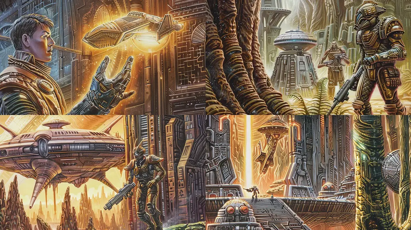 Dynamic and textured sci-fi landscapes with a metallic sheen - Midjourney sref style