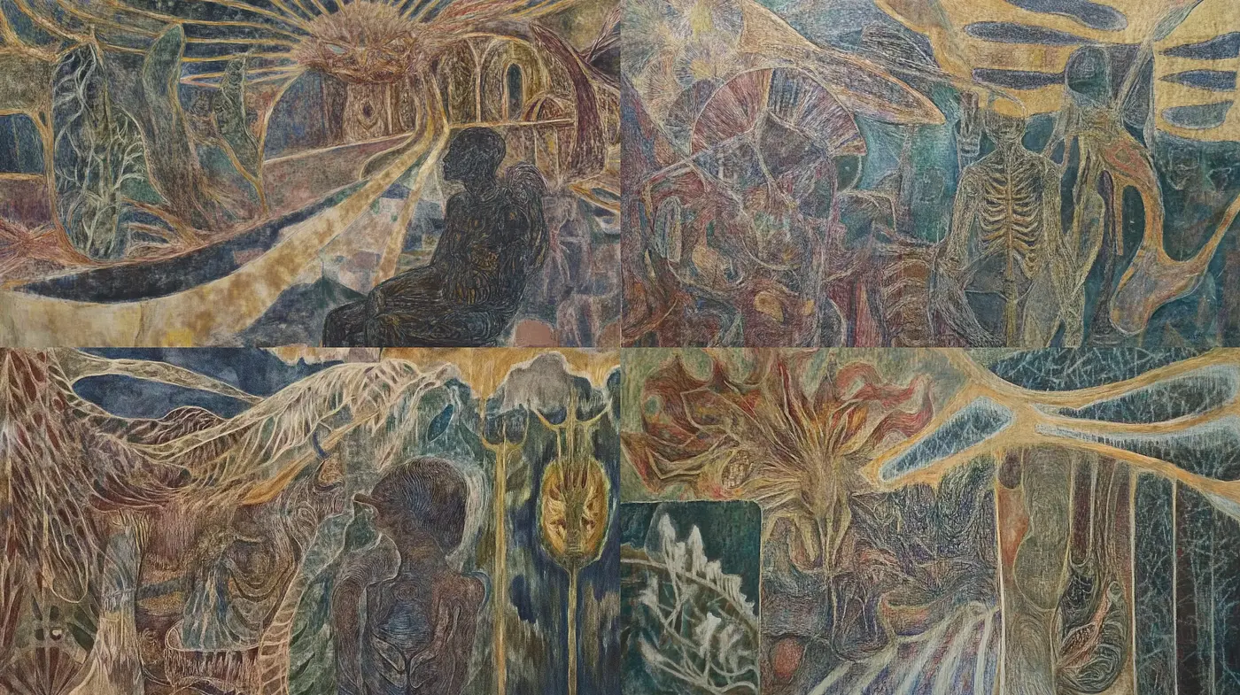 Ethereal Phantasmagoric Visions in Earthy Hues - Midjourney sref style