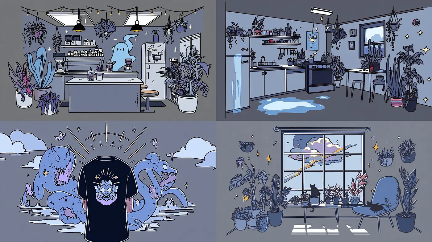 Whimsical and Dreamy Interior Illustrations with Cozy Atmosphere - Midjourney sref style