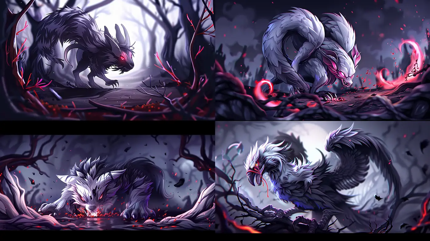 Monochromatic Twilight Bestiary: A Study in Crimson and Charcoal Shades - Midjourney sref style