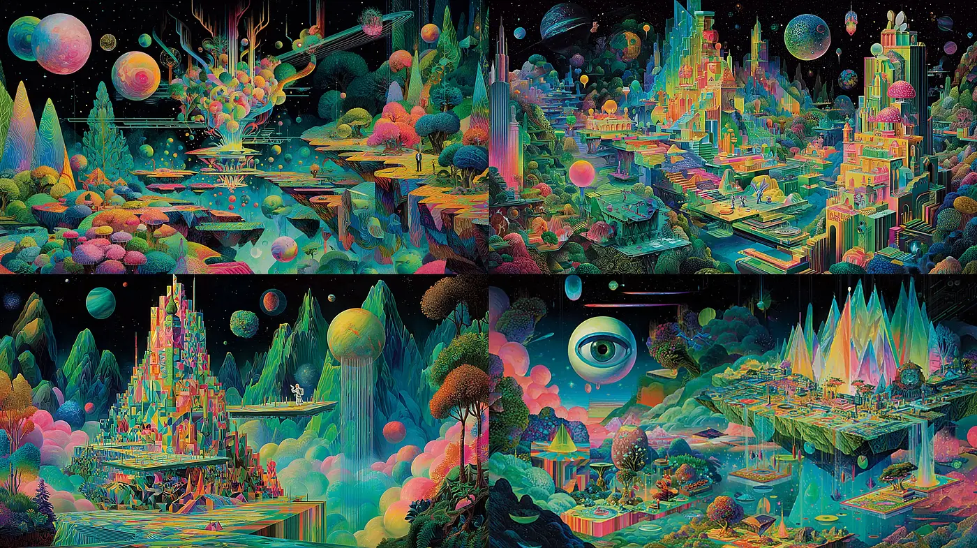 Vibrant Surreal Landscape with Cosmic Elements and Ethereal Textures - Midjourney sref style