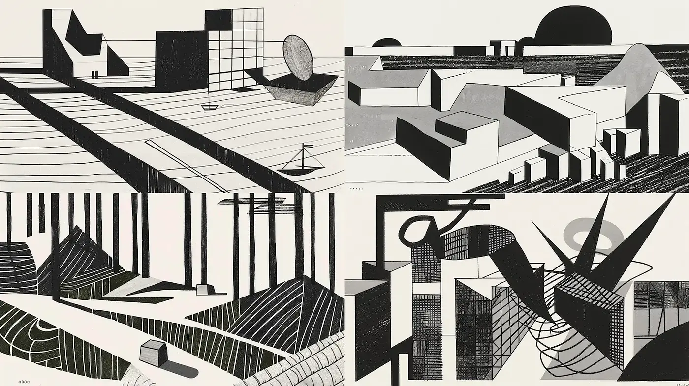 Exploration of Geometric Abstractions with Monochromatic Aesthetic - Midjourney sref style