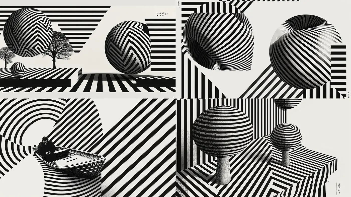 Abstract Black and White Striped Geometric Landscapes with Organic Forms - Midjourney sref style