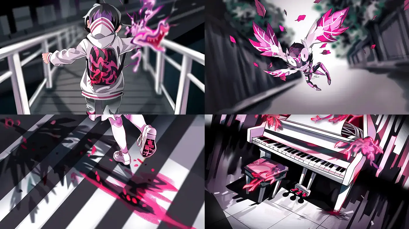 Dynamic Monochrome with Splashes of Crimson: A Vivid Anime-Inspired Visual Experience - Midjourney sref style