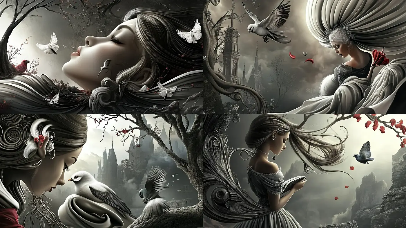 Ethereal Gothic Serenity: A Blend of Monochromatic Fantasy and Elegant Surrealism - Midjourney sref style